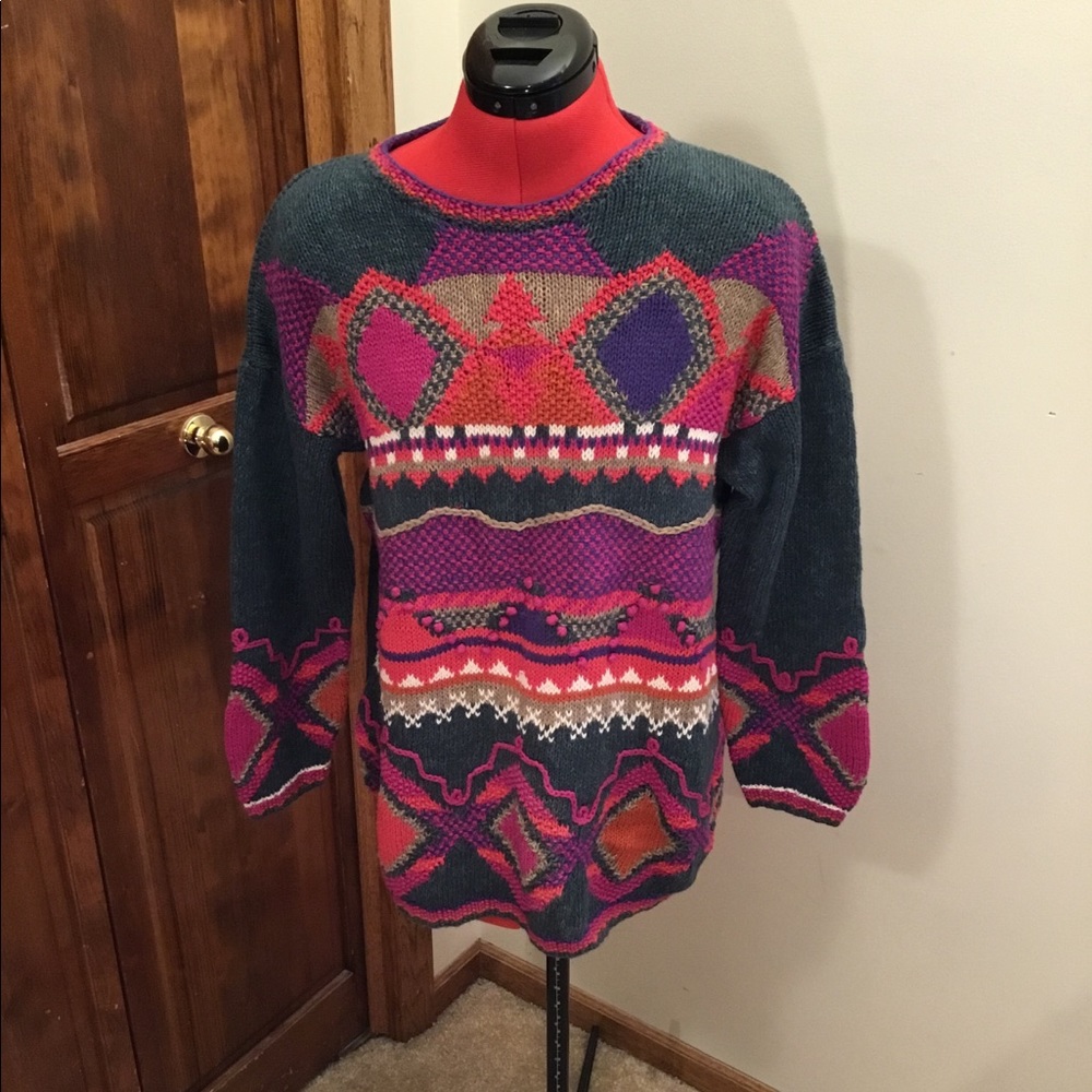 Segrets Sun Prints vintage hand knit sweater, shoulder pads, size M
